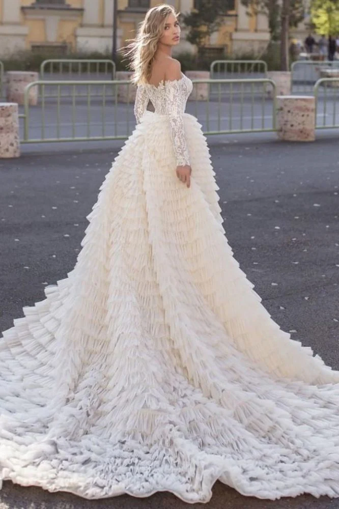 Off the Shoulder Wedding Gown Long Sleeves Floral Mermaid with Detachable Train - Image 2