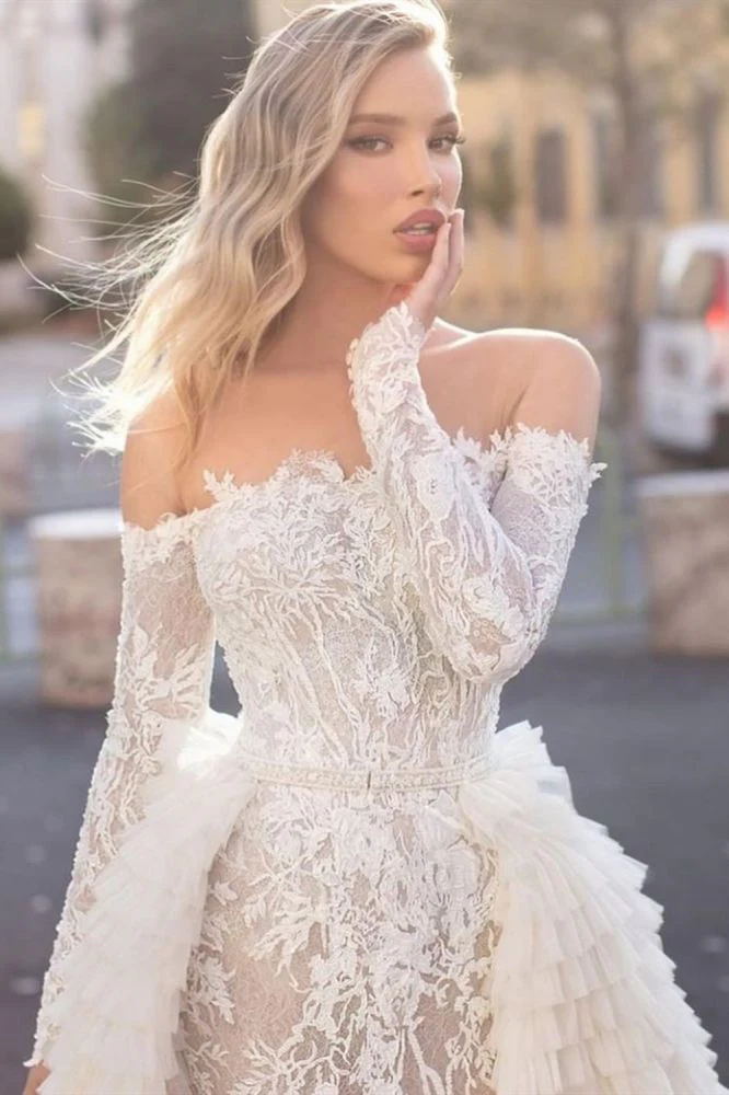 Off the Shoulder Wedding Gown Long Sleeves Floral Mermaid with Detachable Train - Image 3