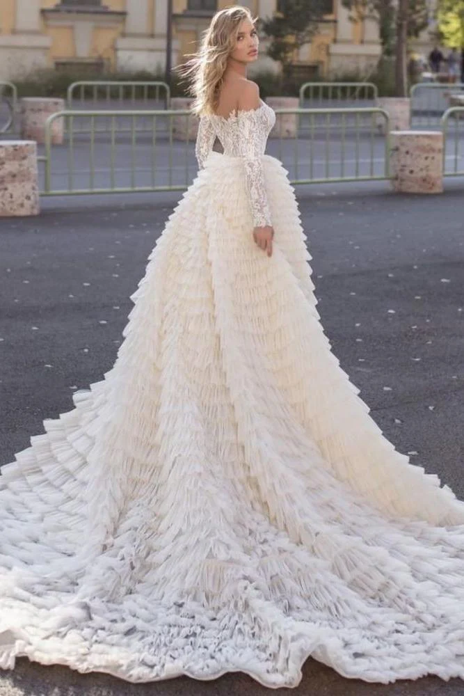 Off the Shoulder Wedding Gown Long Sleeves Floral Mermaid with Detachable Train - Image 4