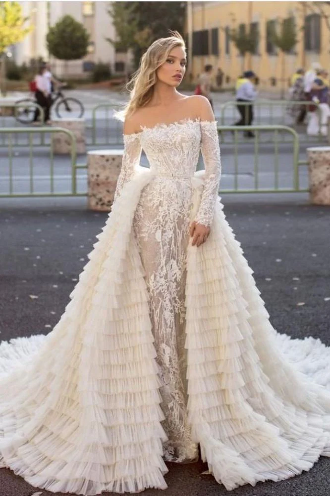 Off the Shoulder Wedding Gown Long Sleeves Floral Mermaid with Detachable Train - Image 5