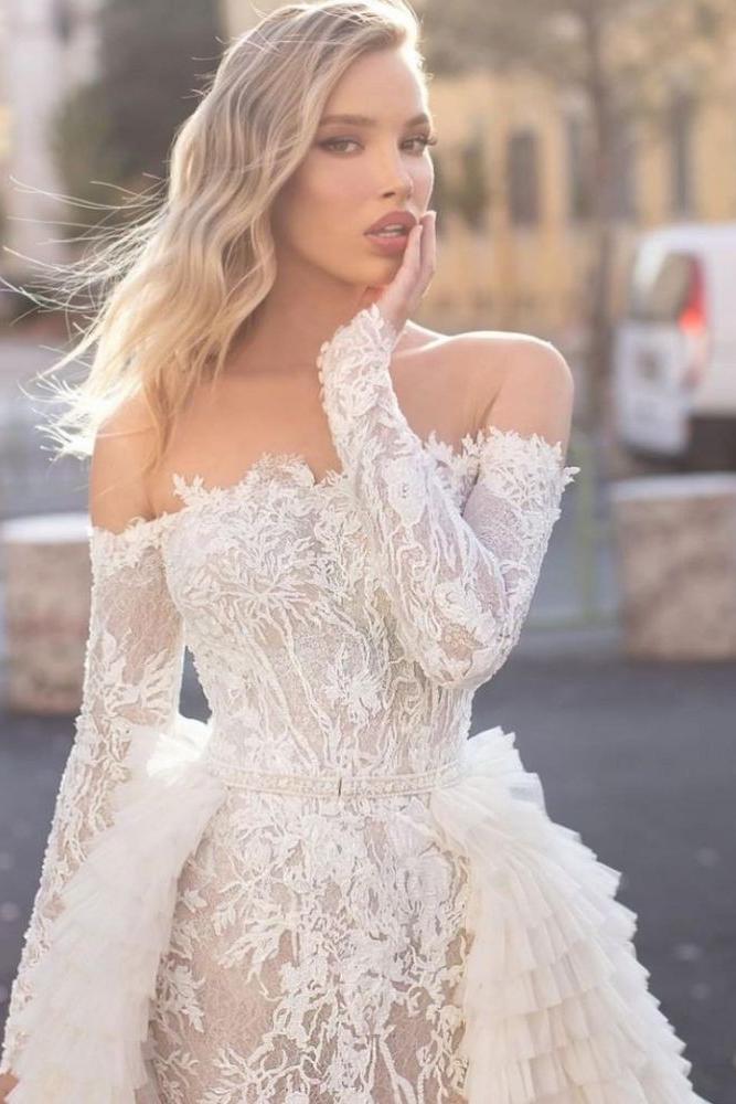 Off the Shoulder Wedding Gown Long Sleeves Floral Mermaid with Detachable Train - Image 6