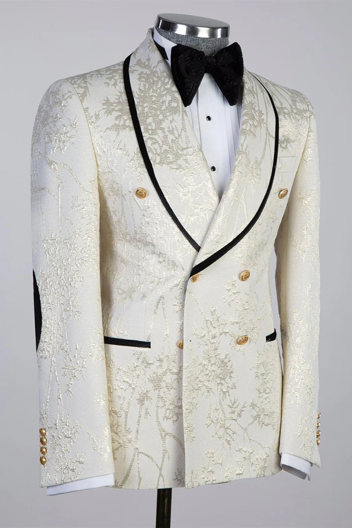 Off-White Shawl Lapel Double-Breasted Jacquard Prom Suit - Image 2