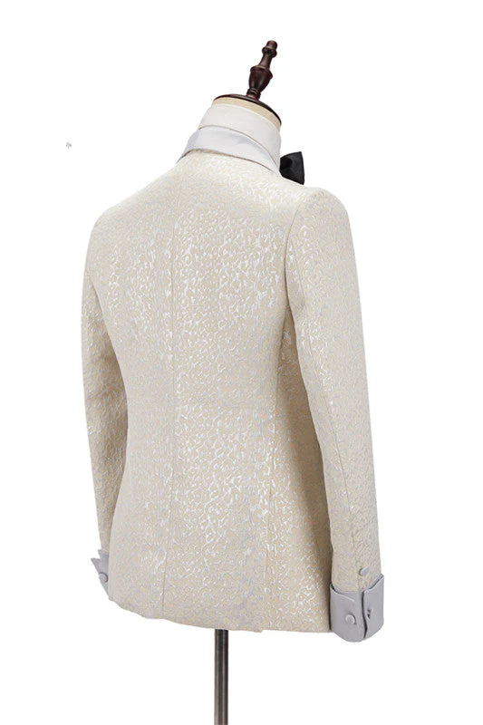 Off White Shawl Lapel Slim Fit Jacquard Bespoke Wedding Suits - Image 2