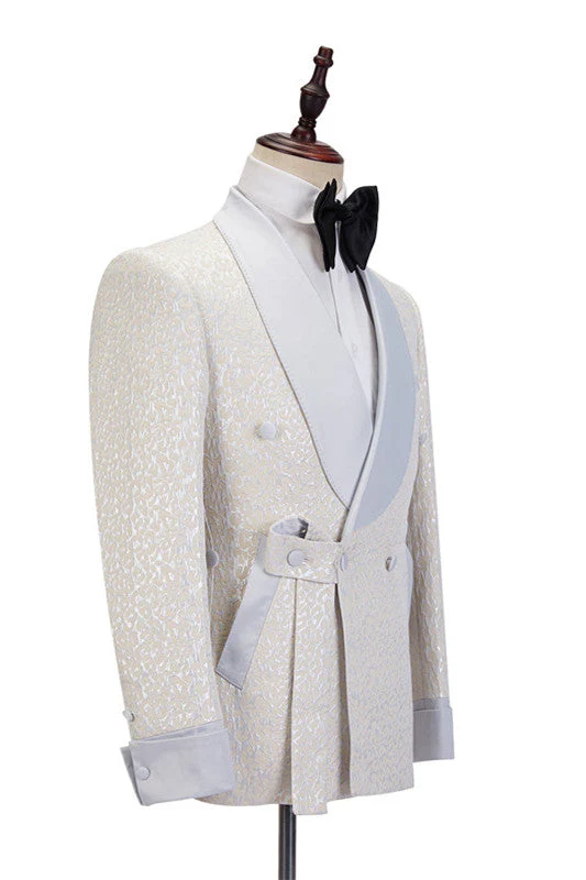 Off White Shawl Lapel Slim Fit Jacquard Bespoke Wedding Suits - Image 3