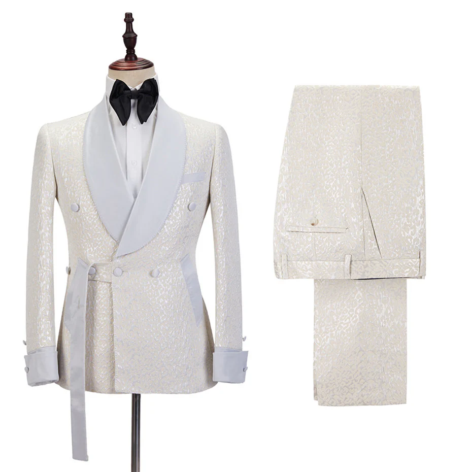 Off White Shawl Lapel Slim Fit Jacquard Bespoke Wedding Suits - Image 4
