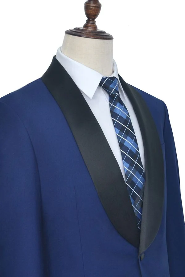 One Button Black Silk Shawl Lapel Wedding Suits for Men Classic Blue Mens Prom Suits - Image 4
