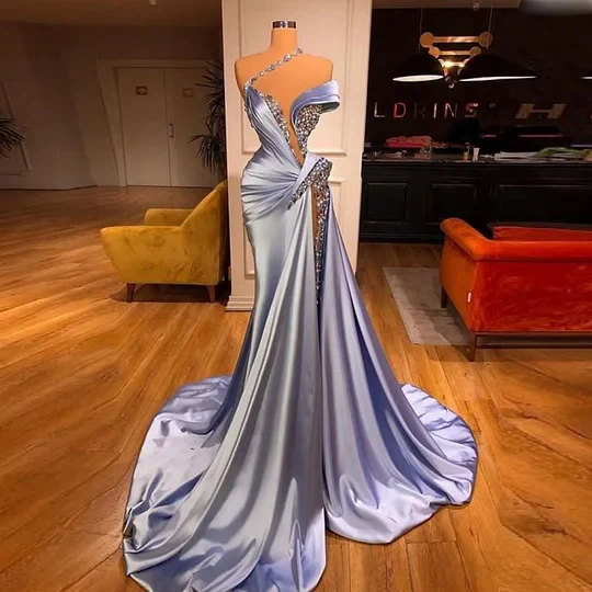 One shoudler Light Blue Sparkle A-line High Split Prom Dresses - Image 2