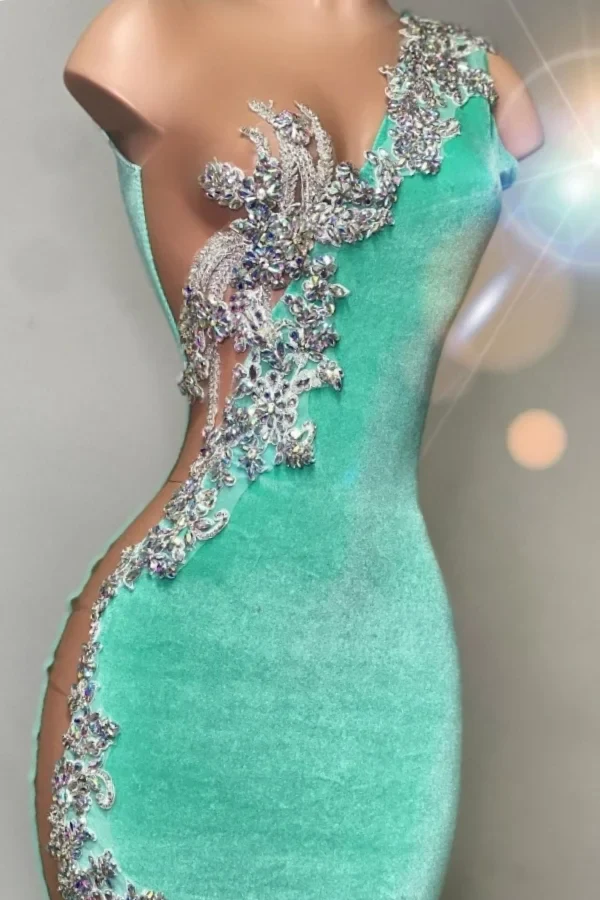 One shoudler Mint Green Silver Velvet Floor length Prom Dresses - Image 2
