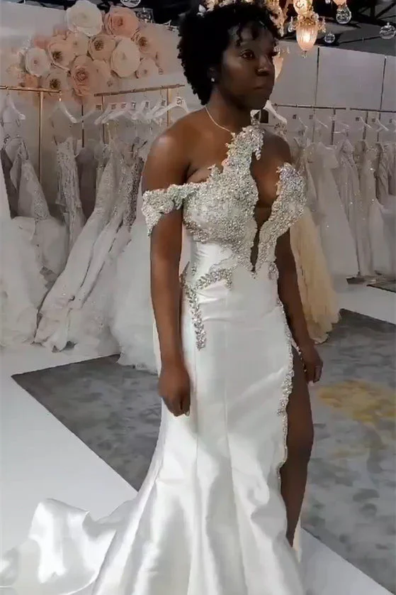 One shoudler V-neck Appliques Ball Gown High Split Wedding Dresses - Image 2