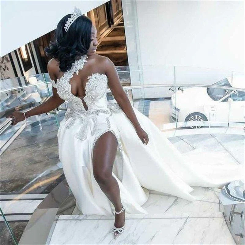 One shoudler V-neck Appliques Ball Gown High Split Wedding Dresses - Image 3
