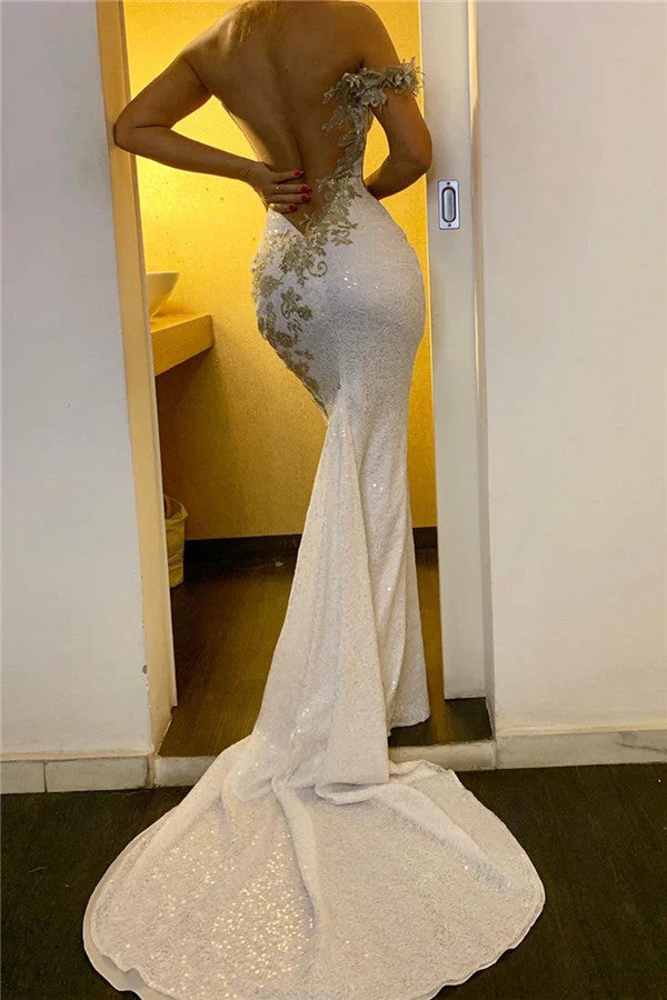 One Shoulder Appliques Sequined Evening Gowns Backless Elegant Formal Dresses - Image 2