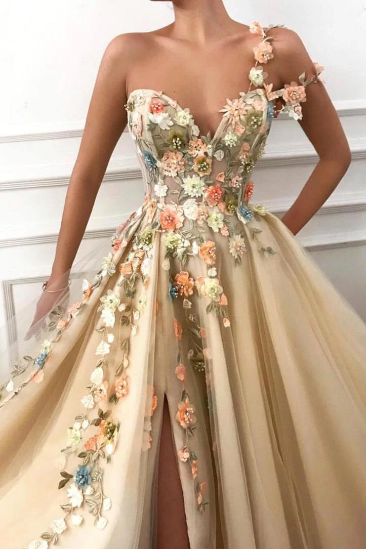 One Shoulder Ball Gown Prom Dress Applique Light Gold  V-Neck Long Tulle - Image 4