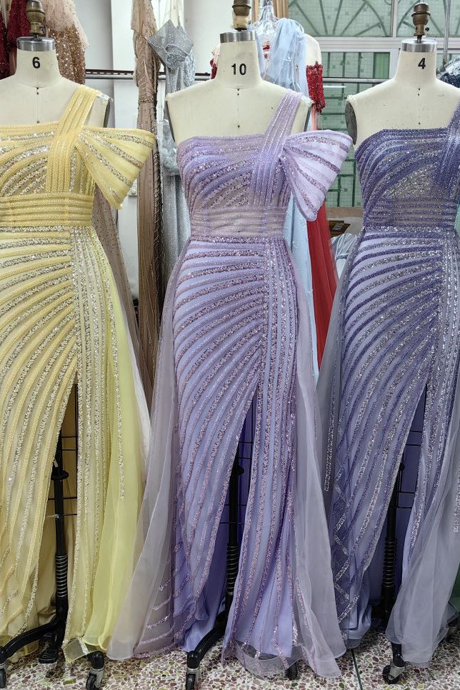 One-Shoulder Beading Sweep Train Backless Evening Dress - Image 12