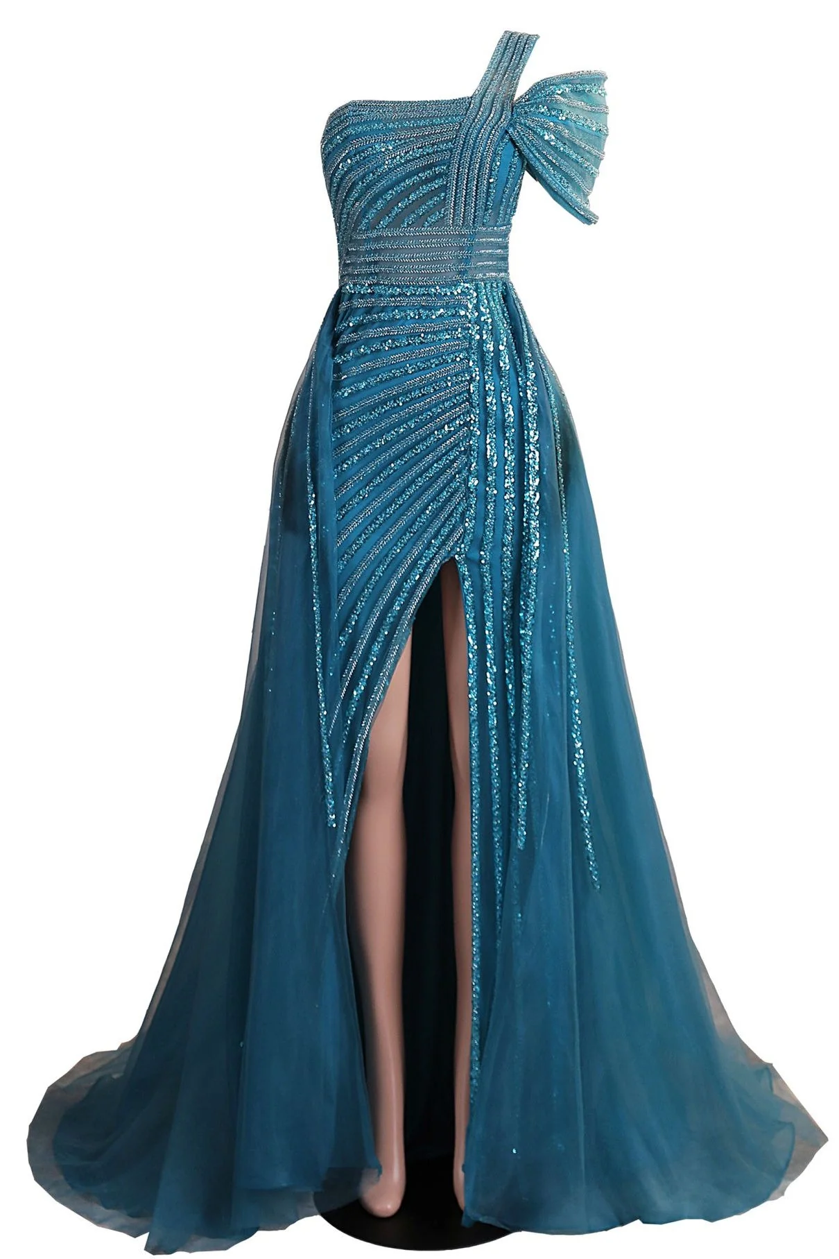 One-Shoulder Beading Sweep Train Backless Evening Dress - Image 8