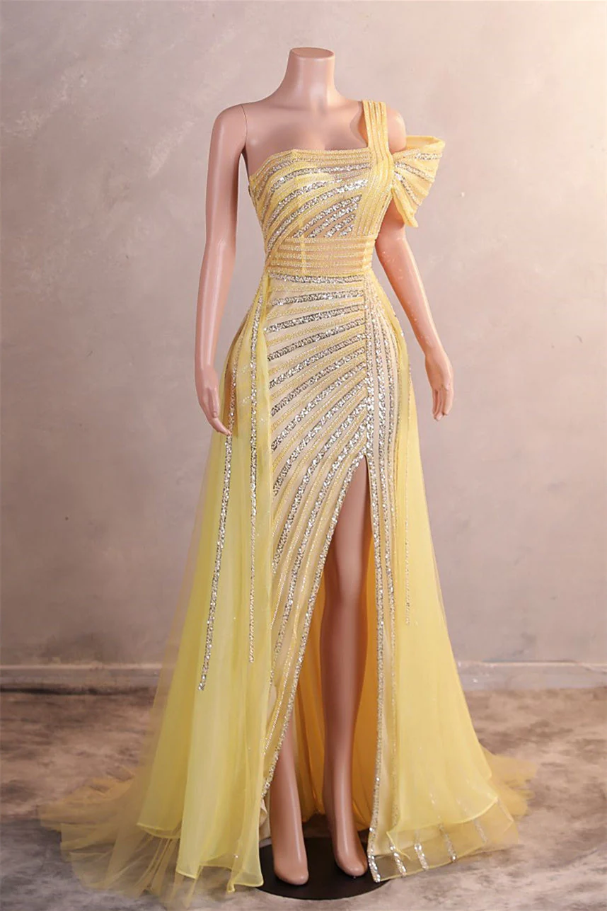 One-Shoulder Beading Sweep Train Backless Evening Dress - Image 9