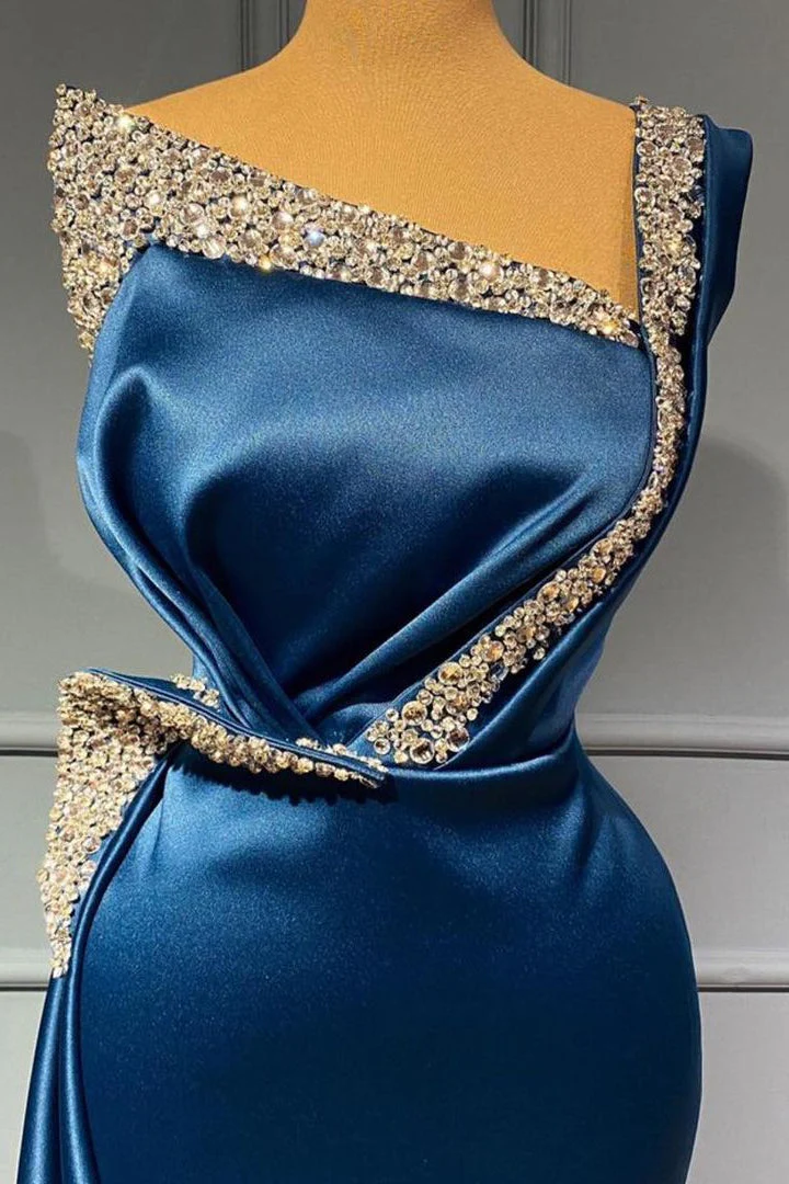One Shoulder Blue Beading Sequns Long Mermaid Prom Dress - Image 3