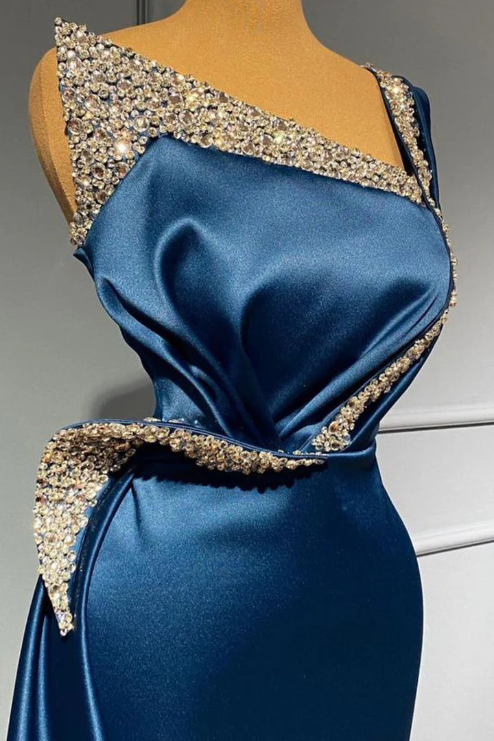 One Shoulder Blue Beading Sequns Long Mermaid Prom Dress - Image 4