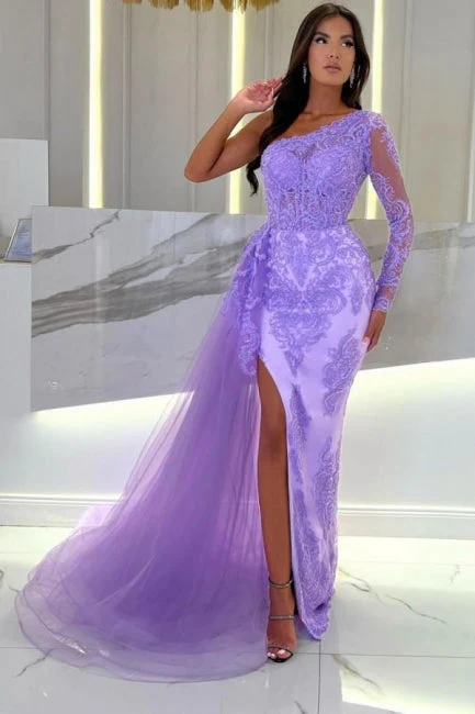 Ballbella One Shoulder Column Long Sleeve Slit Front Tulle Long Evening Dress with Lace - Image 2