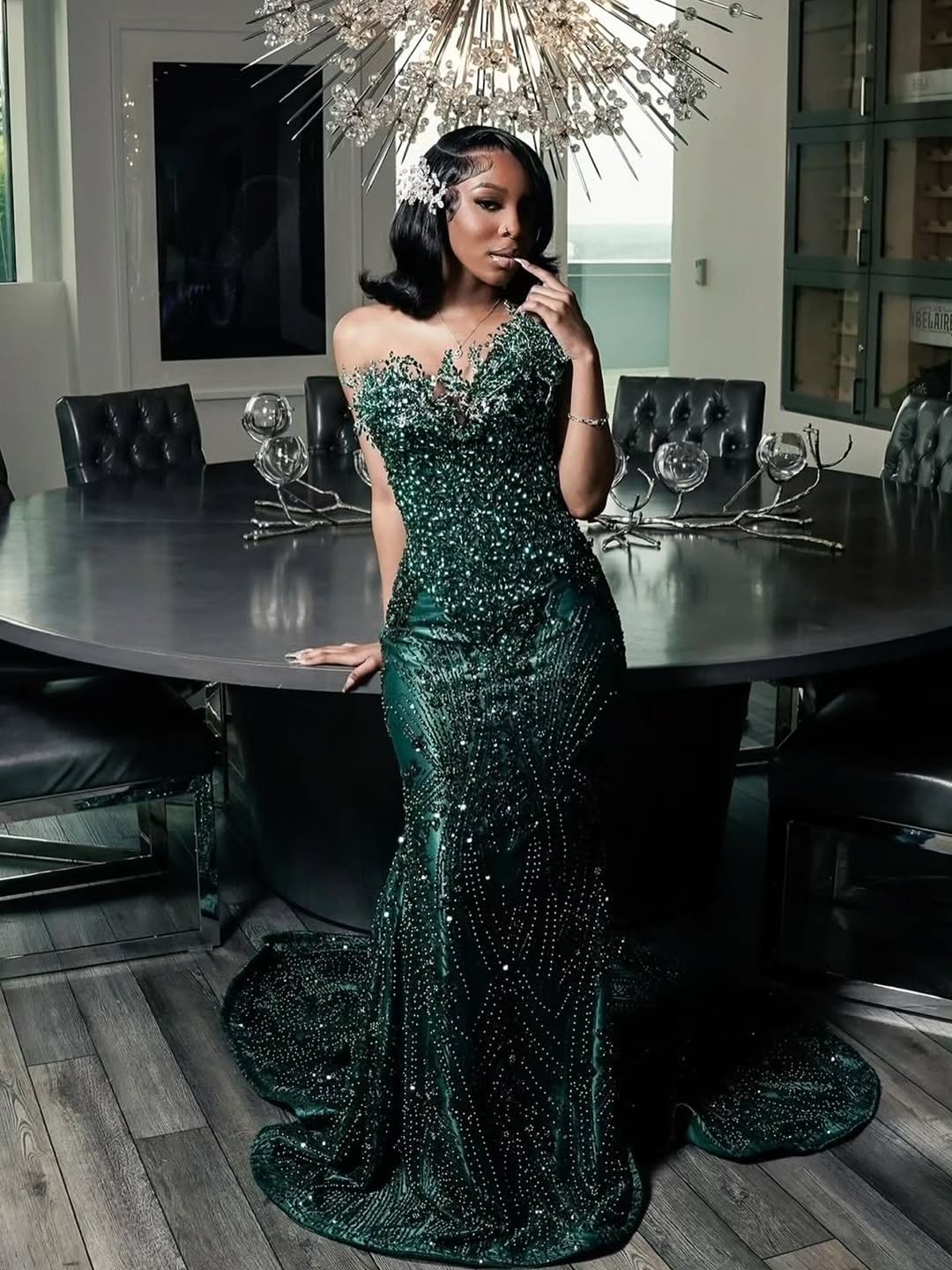 One shoulder Dark green Mermaid Sparkle Floor length Prom Dresses - Image 2