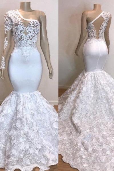 One Shoulder Lace Appliques Meramid Prom Dresses with sleeve - Image 4