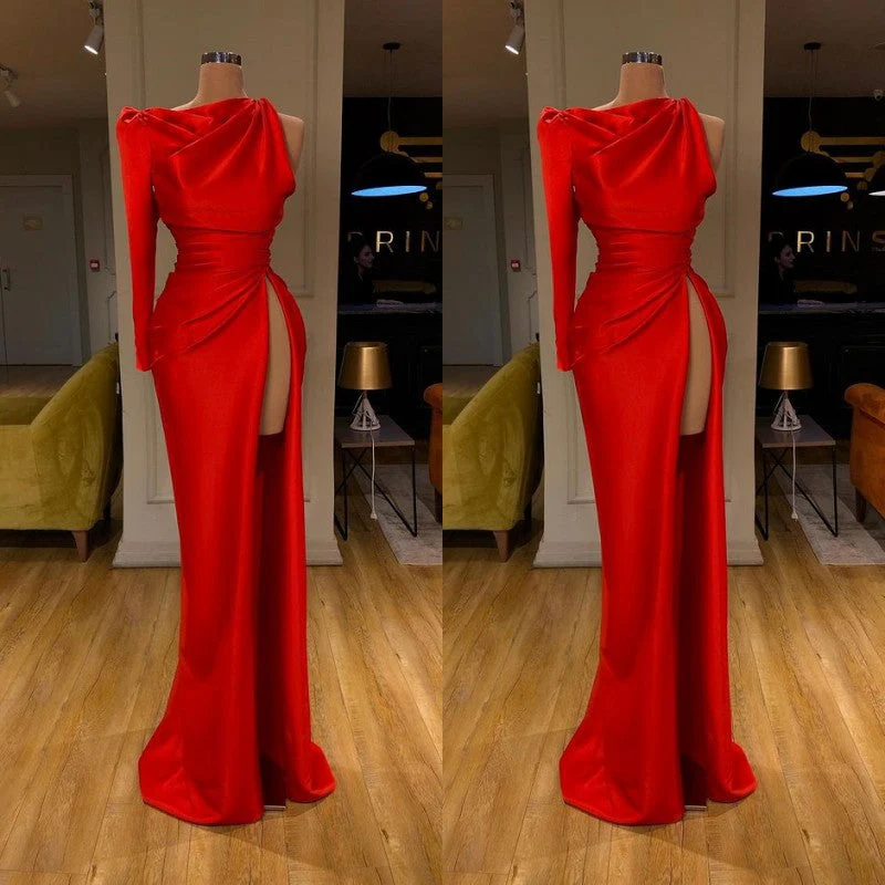 One-shoulder Long sleeves High-split Soft pleated Red Prom Dress - Image 2