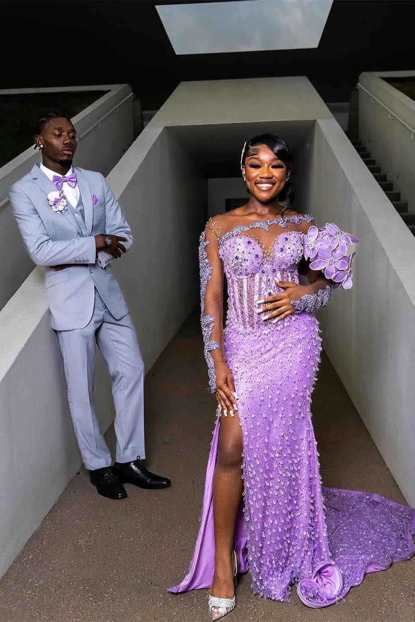 One shoulder Long sleeves Lilac High Split Sequin Flowers Prom Dresses - Image 2
