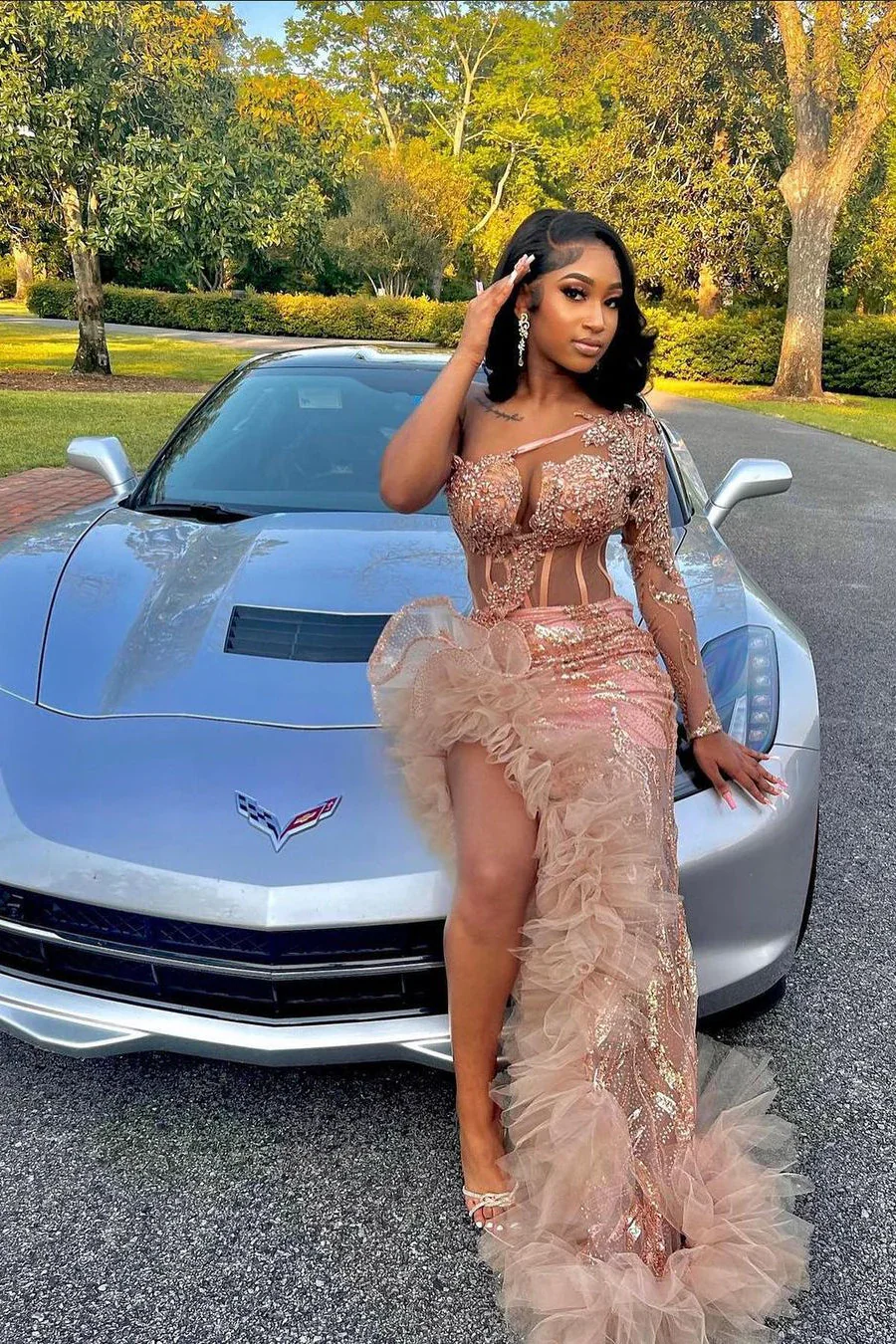 One shoulder Long sleeves Ruffles High Split Pink Prom Dresses - Image 3