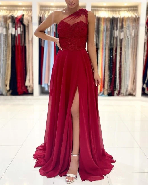 One Shoulder Red Prom Dress Floor Length Sleeveless Maxi Dress with Front Slit - Image 3