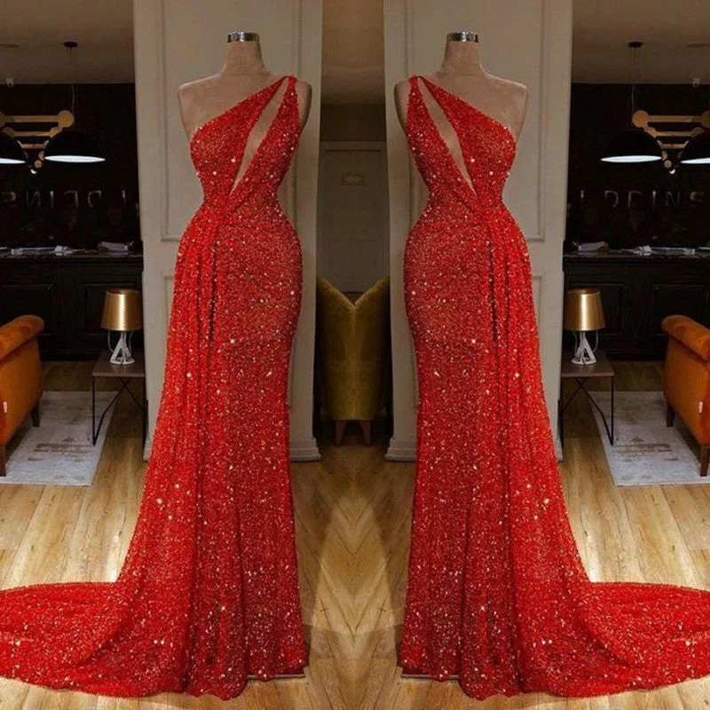 One Shoulder Red Prom Dress Sequins Long On Sale - Image 2
