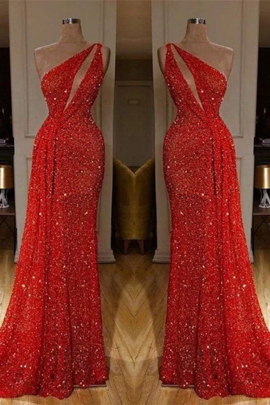 Gorgeous One Shoulder Red Sequins Long Prom Dress - Image 2