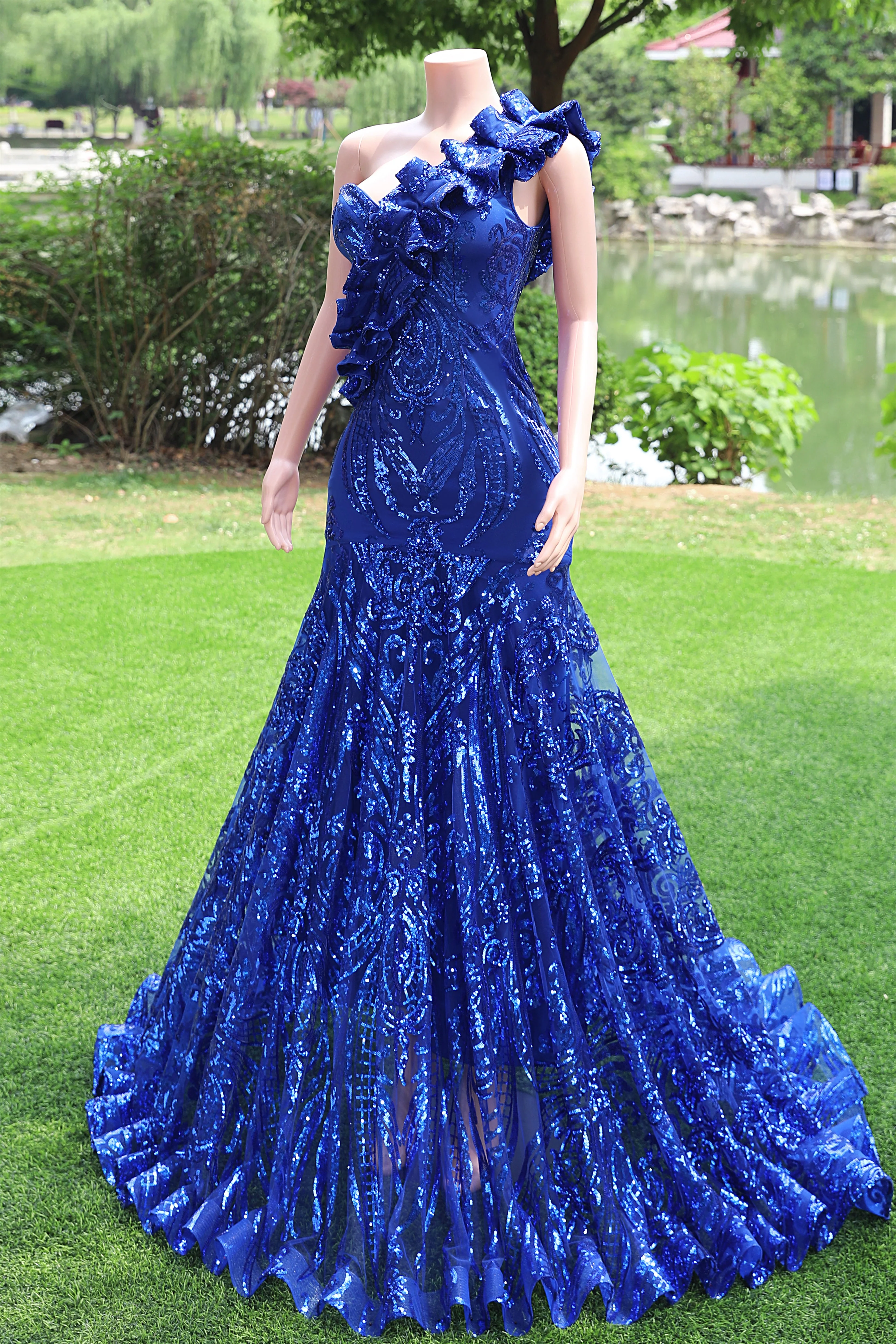 One shoulder Ruffles Sparkle Royal Blue Mermaid Prom Dresses - Image 5