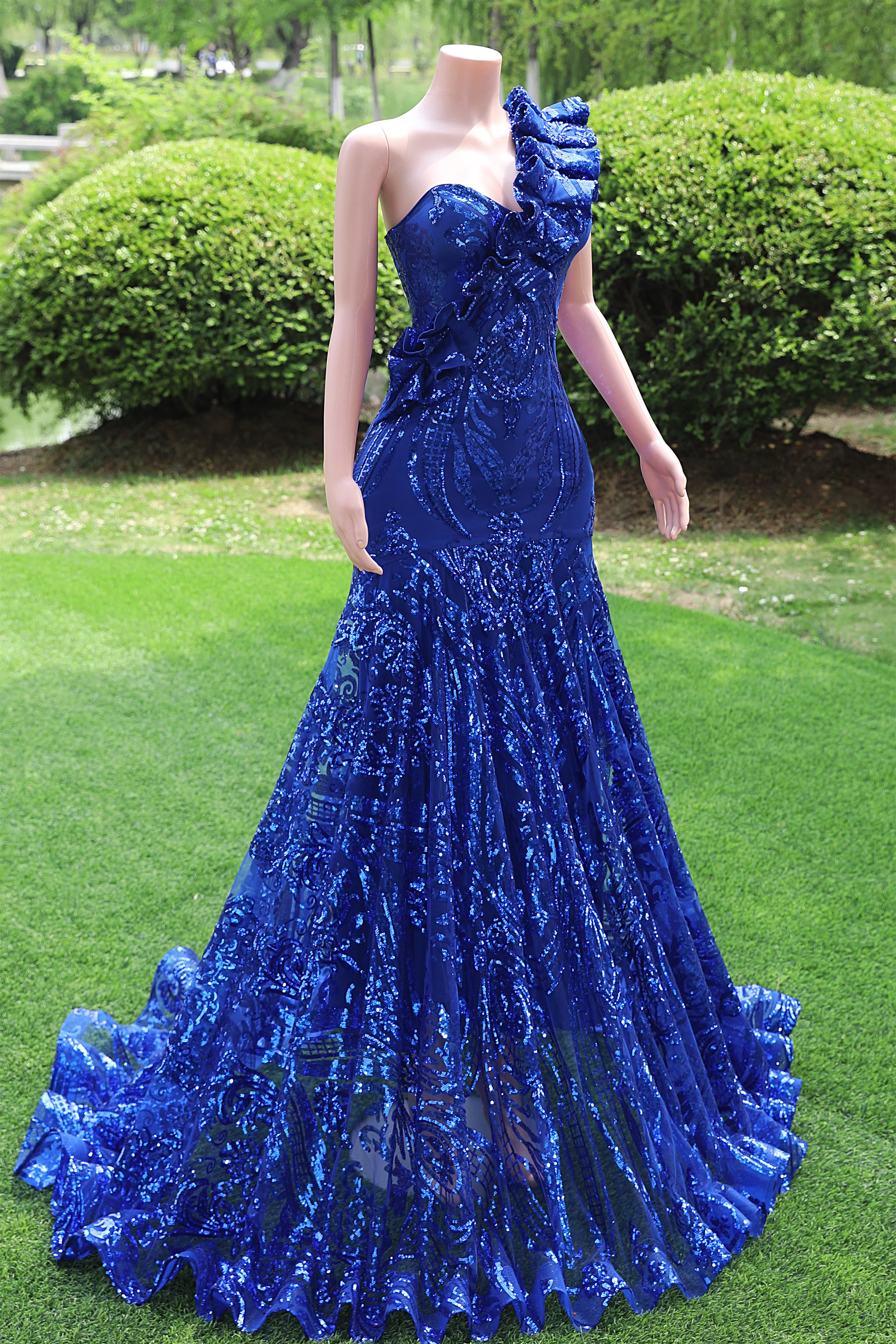 One shoulder Ruffles Sparkle Royal Blue Mermaid Prom Dresses - Image 6