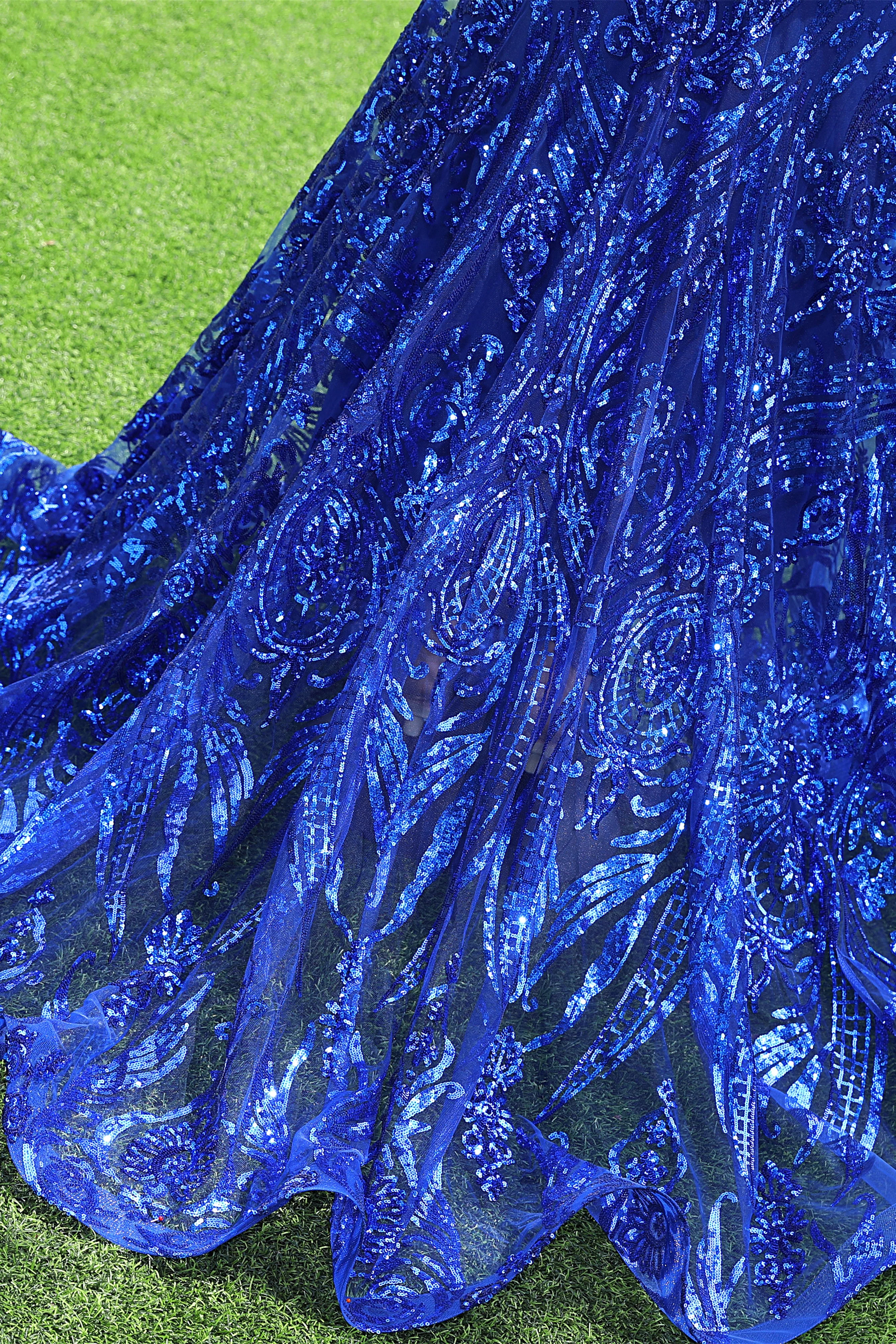 One shoulder Ruffles Sparkle Royal Blue Mermaid Prom Dresses - Image 7