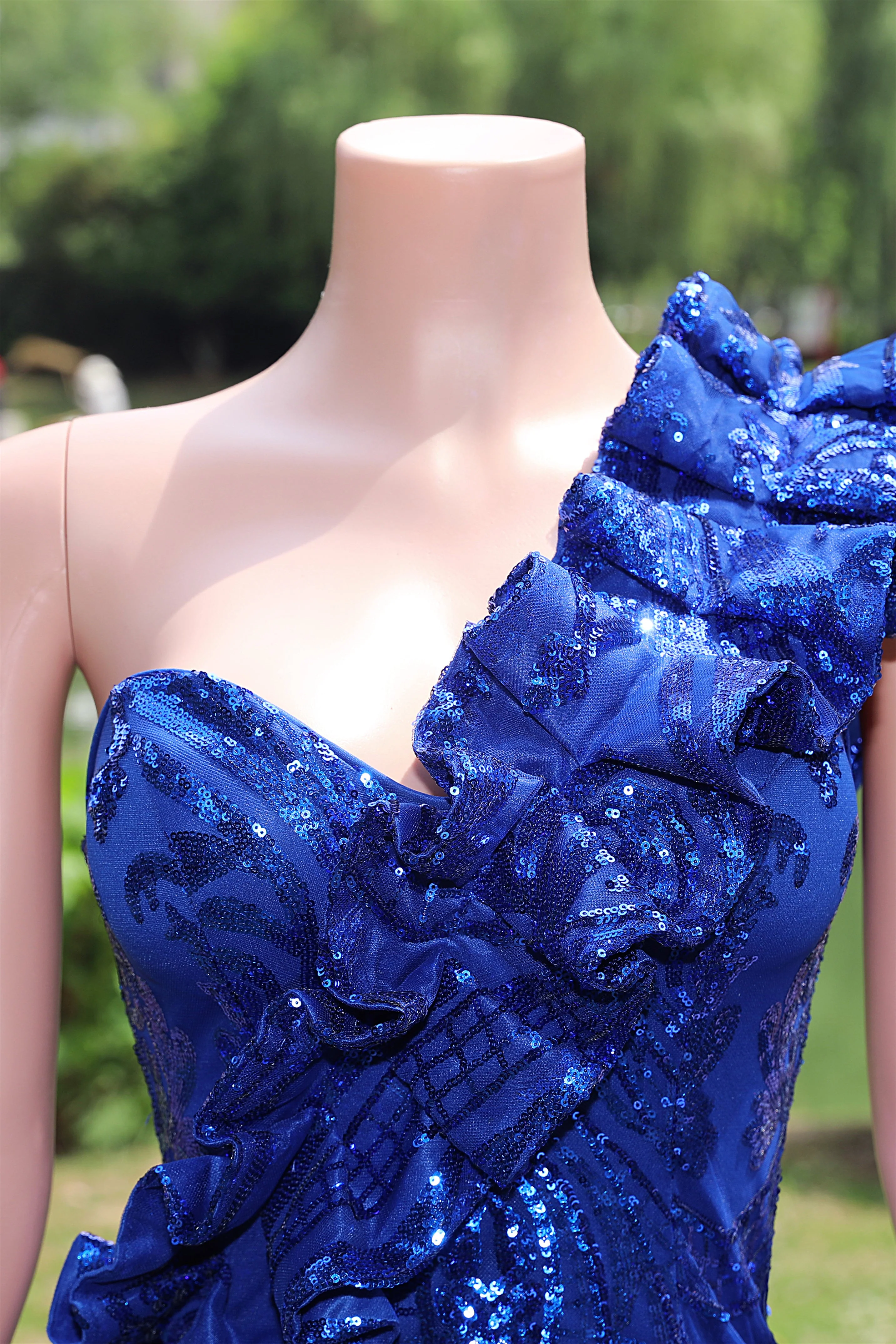 One shoulder Ruffles Sparkle Royal Blue Mermaid Prom Dresses - Image 8