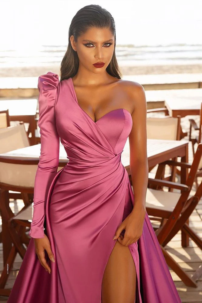 One Shoulder Satin Front Split Evening Party Dresses with Sweep Train - Image 2