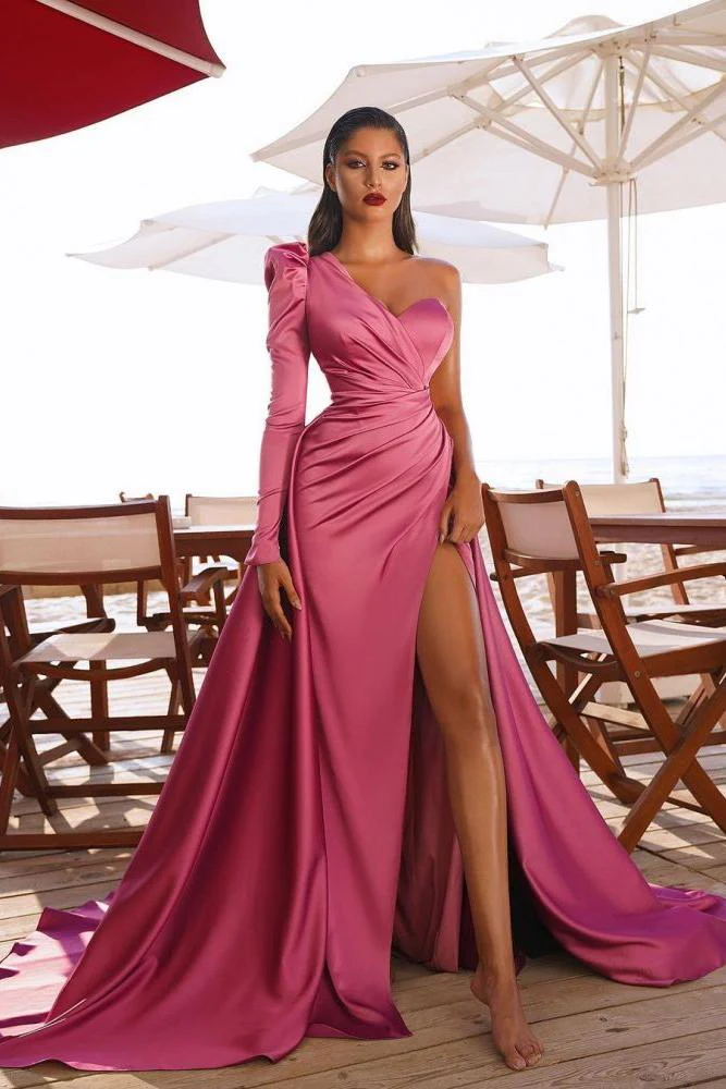 One Shoulder Satin Front Split Evening Party Dresses with Sweep Train - Image 4