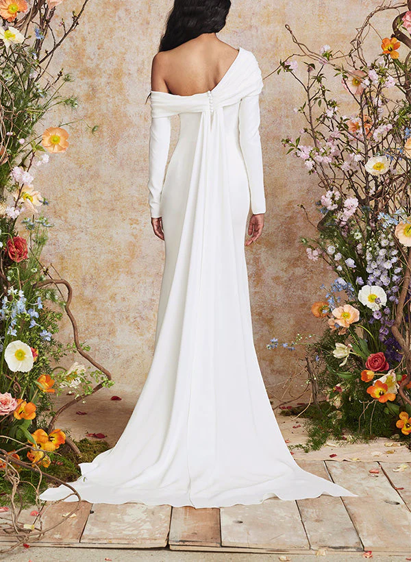 One-Shoulder Sheath Fitted Wedding Dress Long Sleeves Sweep Train - Image 2
