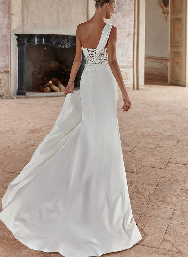 One-Shoulder Sleeveless Satin Wedding Dresses High Split - Image 2