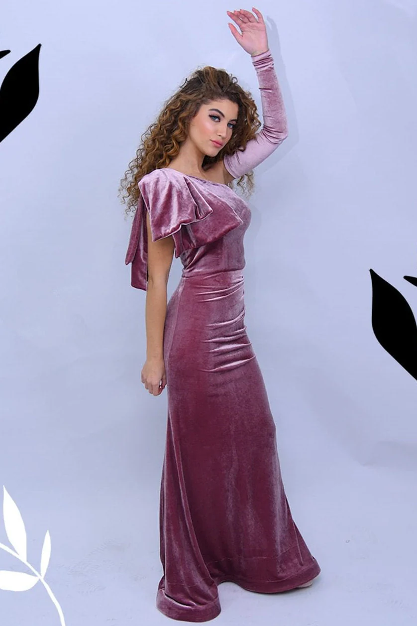 Simple One shoulder Velvet Floor length Mermaid Prom Dress - Image 3