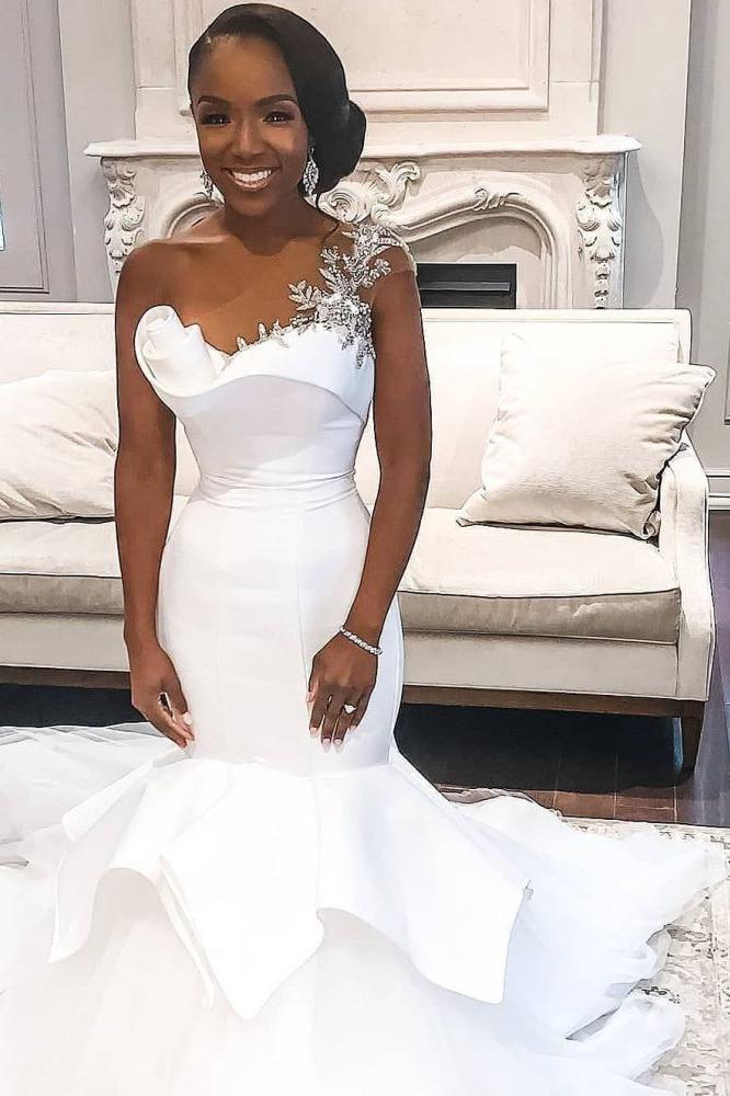 One shoulder White Mermaid Bridal Gowns with Ruffles Train - Image 2