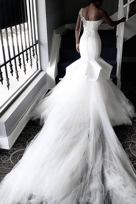 One shoulder White Mermaid Bridal Gowns with Ruffles Train - Image 4