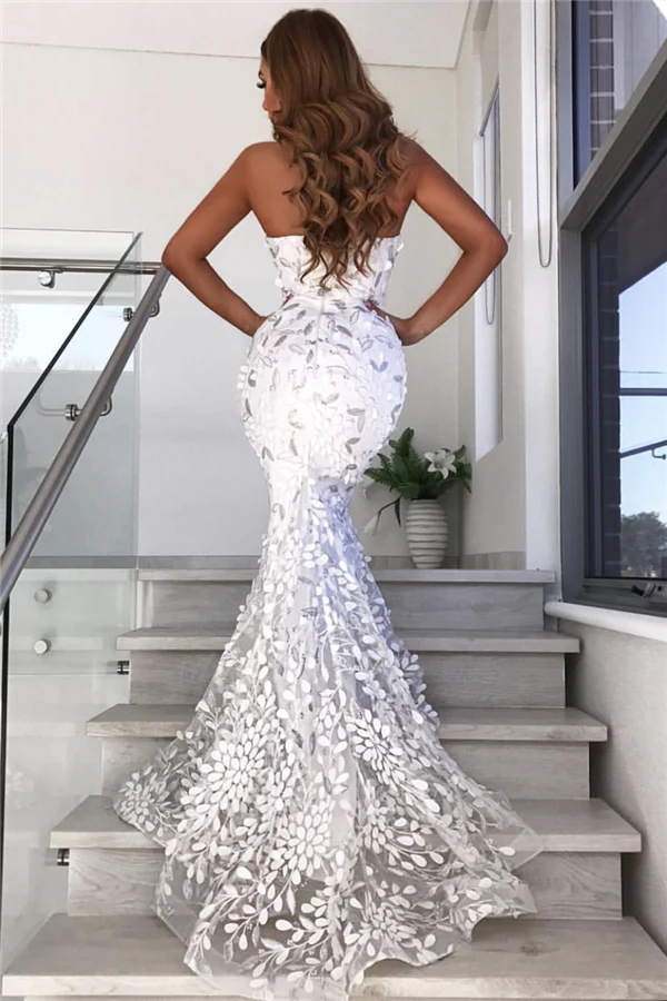 Open Back Leaf Appliques Chic Prom Dresses Mermaid Sweetheart Evening Dress - Image 2