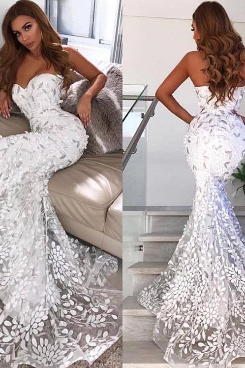 Open Back Leaf Appliques Chic Prom Dresses Mermaid Sweetheart Evening Dress - Image 3