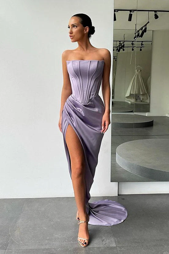 Orange High-split Strapless Pleats Prom Dress with court train - Image 4