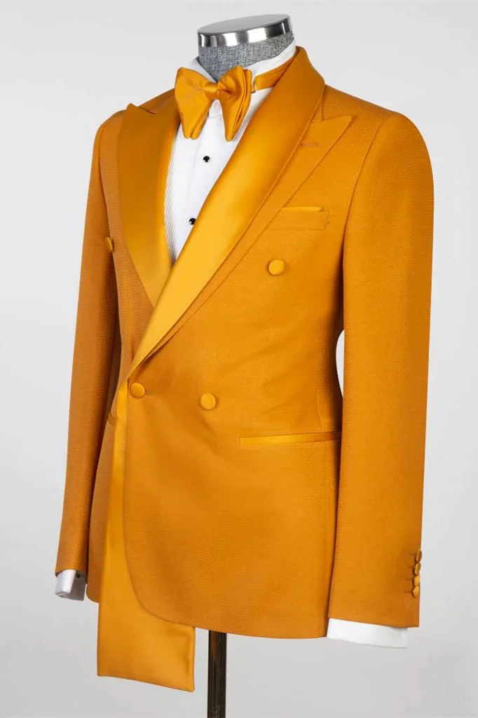 Orange Peaked Lapel Two-Layer Satin Double-Breasted Men's Suit - Image 3