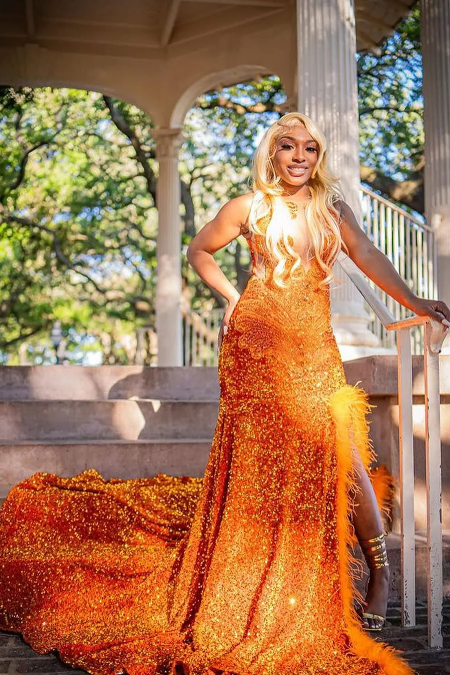 Orange Sleeveless Beaded Sequin Feathers Prom Dresses - Image 3