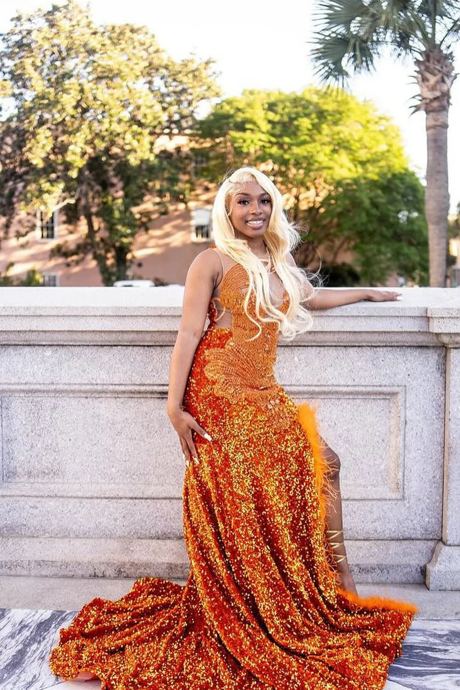 Orange Sleeveless Beaded Sequin Feathers Prom Dresses - Image 4