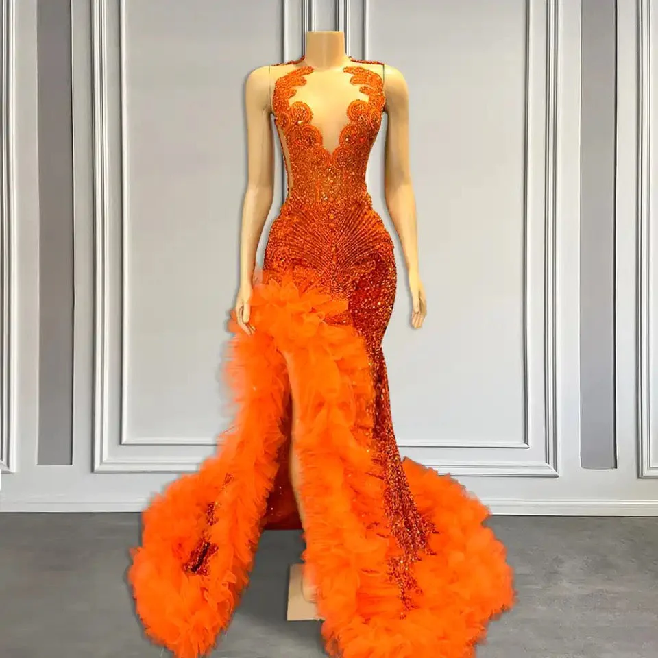 Orange Sleeveless Mermaid Prom Dress with Side Slit and Tulle Beadings - Image 2