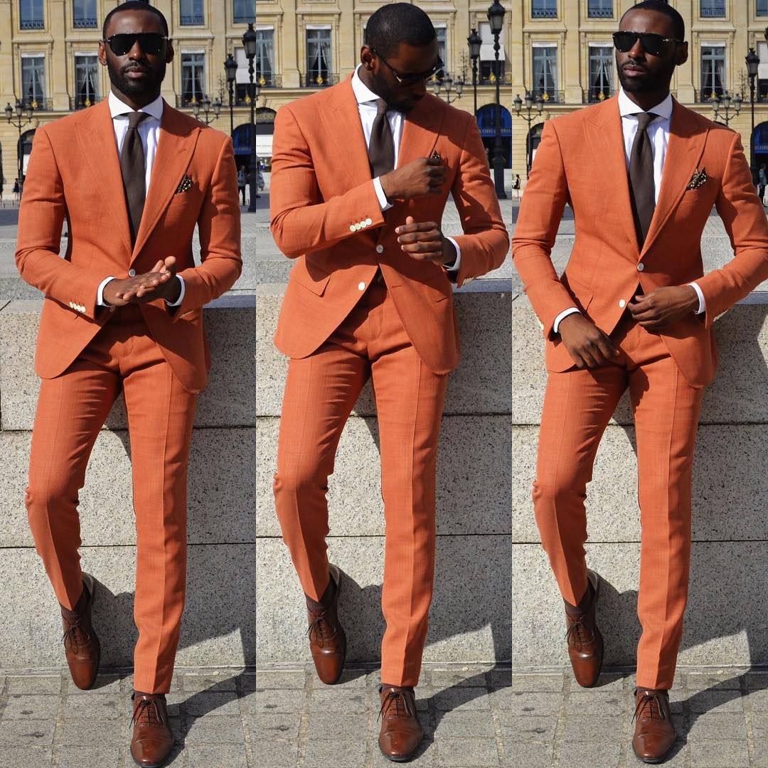 Orange Slim Fit Men Suit Peaked Lapel Prom Suits - Image 2