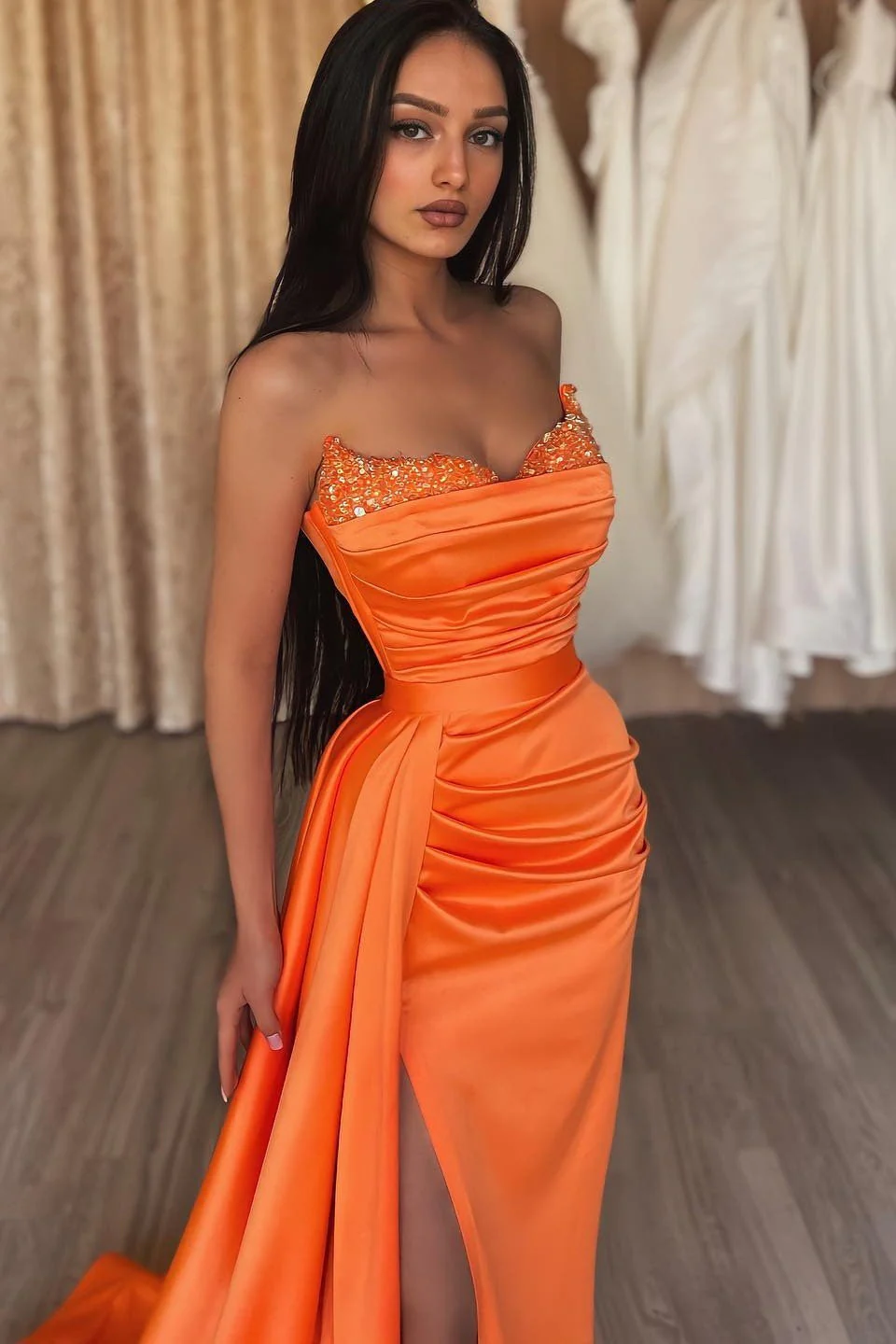 Orange Sweetheart Mermaid Prom Dress Long Split With Sequins - Image 2